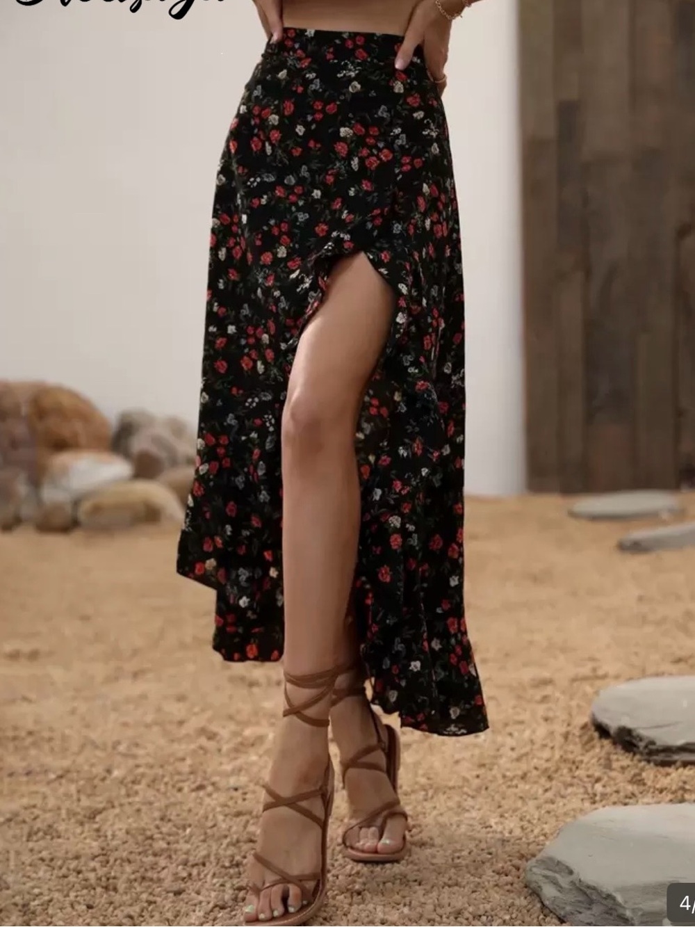 SHEIN Black Floral High-Low Maxi Skirt with Front Slit